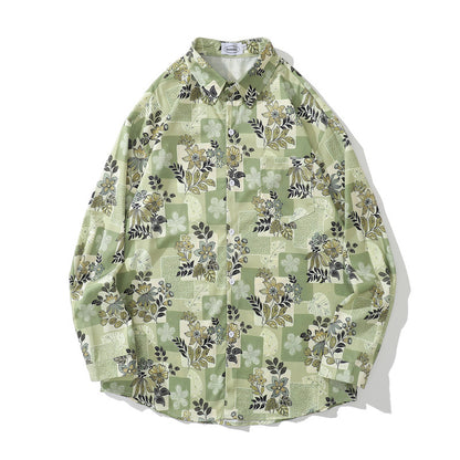 Japanese Retro Floral Full Print Long Sleeve Shirt For Men