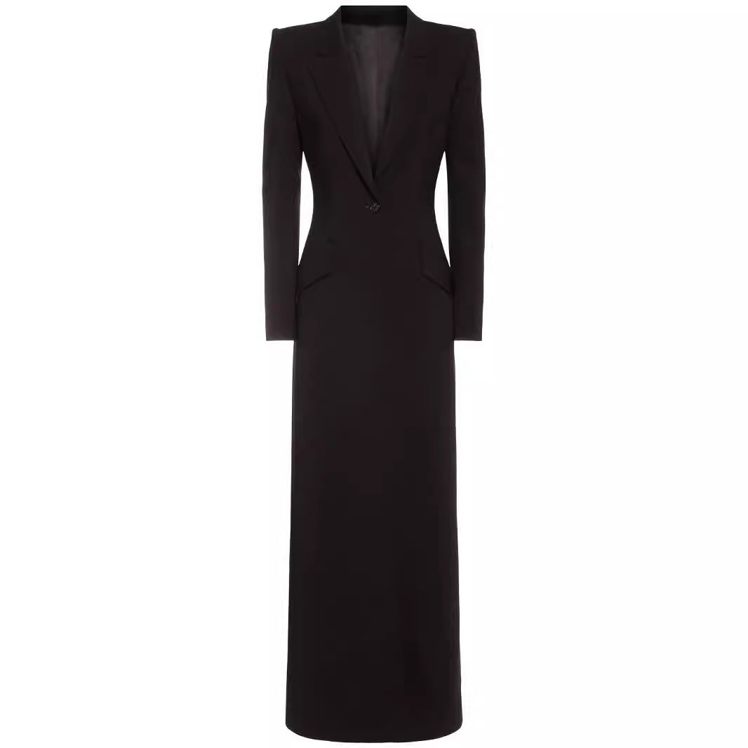 Elegant One Button Long Slim Black Suit Large Coat