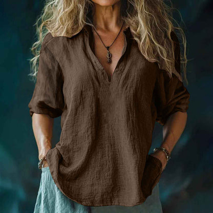 Women's Cotton And Linen V-neck Shirt