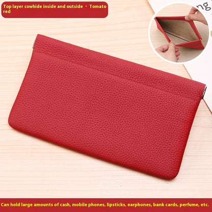 Self-closing First Layer Cowhide Long Wallet