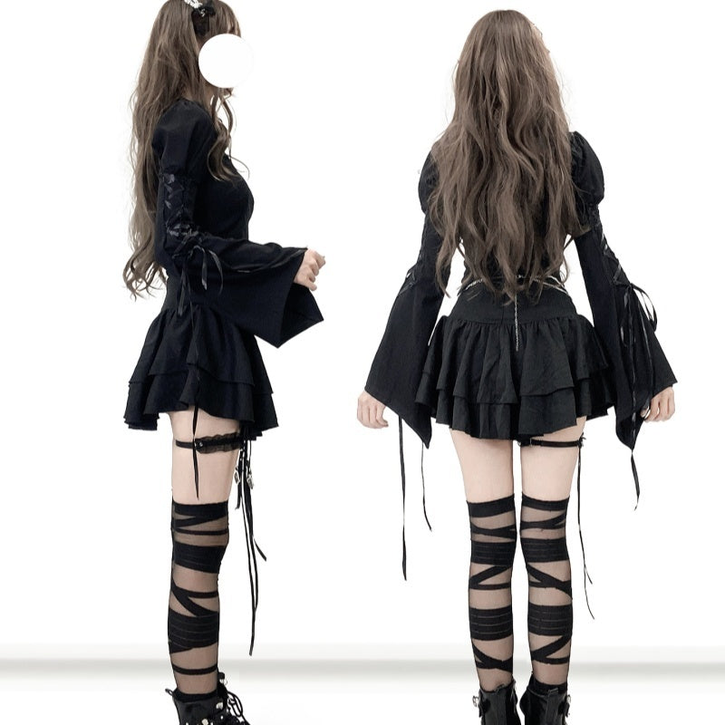 Cross Lace Layers Cake Dress A- Line High Waist