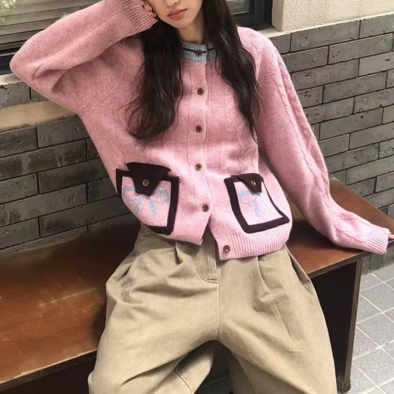 Contrast Color And Versatile Bow Pocket Sweater