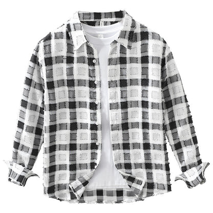 Japanese Trendy Plaid Long Sleeve Shirt For Men