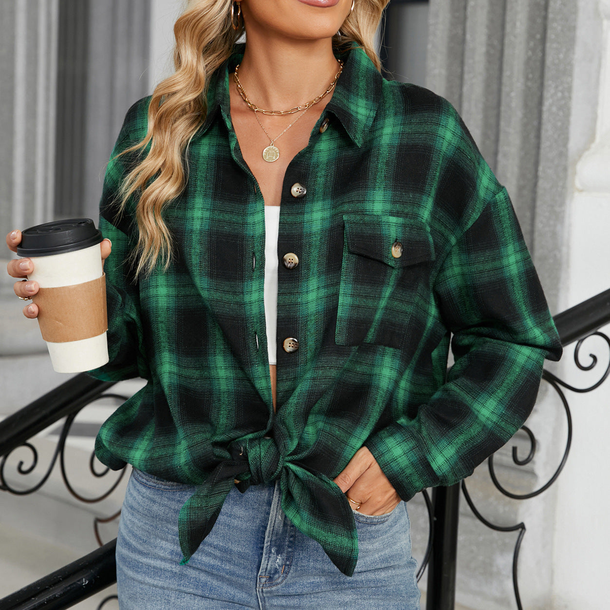 Oversize BF Style Plaid Brushed Long Sleeve Shirt