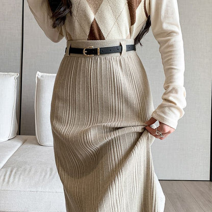 French Stripe Slit Knitted High Waist Sheath Straight Skirt