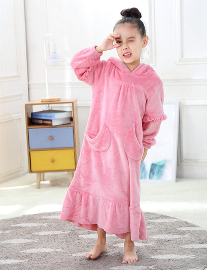 The Moon Pocket: Warm Coral Fleece Hooded Nightdress