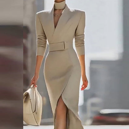 Autumn Elegant V-neck Slim Fit Medium Long Sheath Slit Fashionable Dress For Women