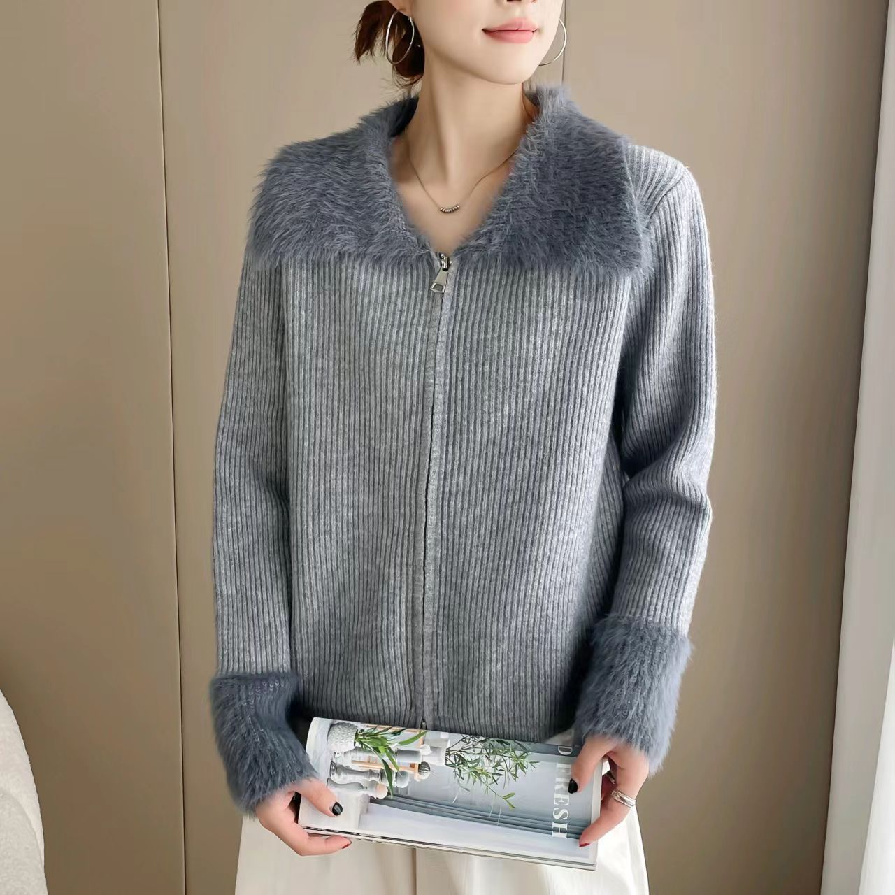 Korean Style Double Zipper Lapel Patchwork Cuff Sweater