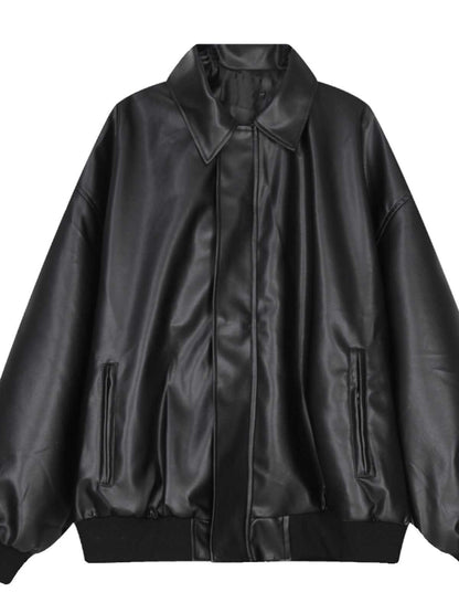 Mens Short Zipper Lapel Loose Casual PU Leather Jacket Effortless Street