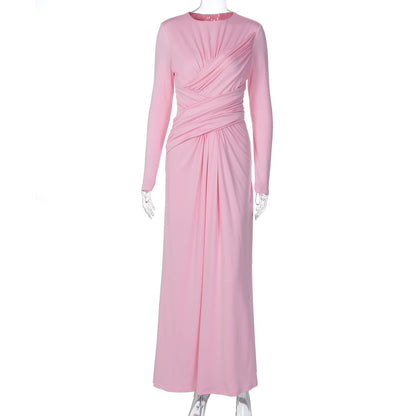 Fashion Temperament Slim Cross Round-neck Long-sleeved Dress