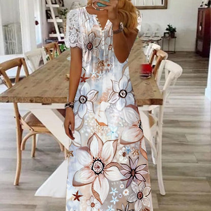 Printed Lace Sleeve Short Sleeve Dress
