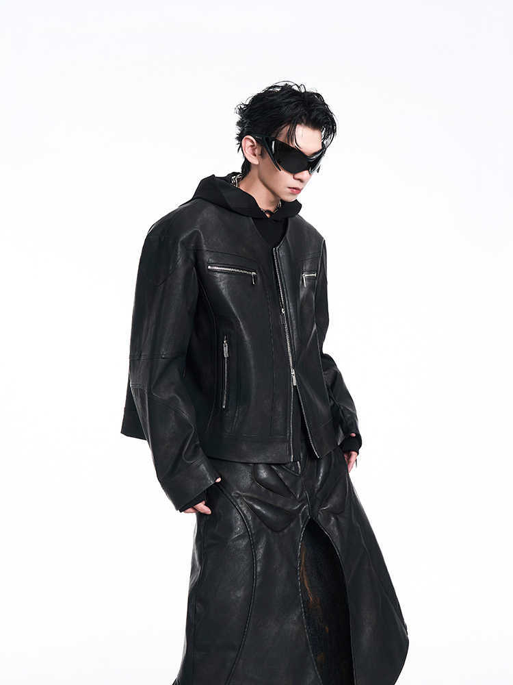 Niche V-Neck Zipper Design Leather Coat for Men Exclusive Edge