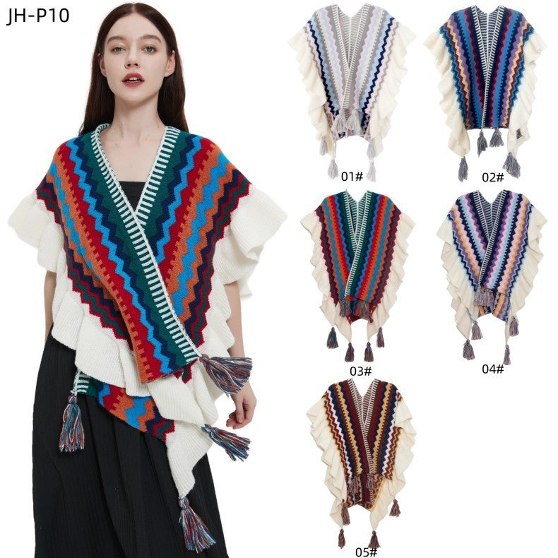 European And American Spring Autumn And Winter Ladies Travel Ethnic Style Ruffled Knitted Shawl