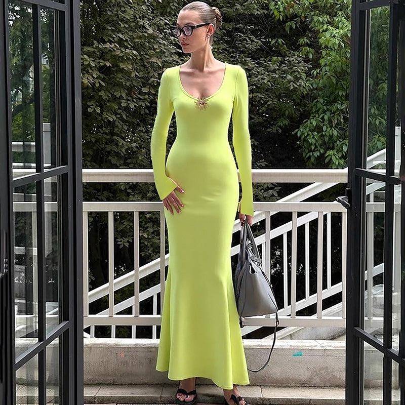 Solid Color High Waist Temperament Long Sleeve Dress
