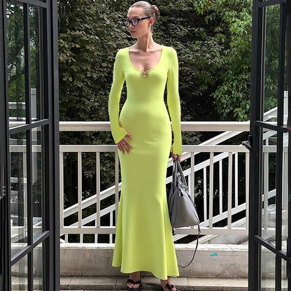 Solid Color High Waist Temperament Long Sleeve Dress