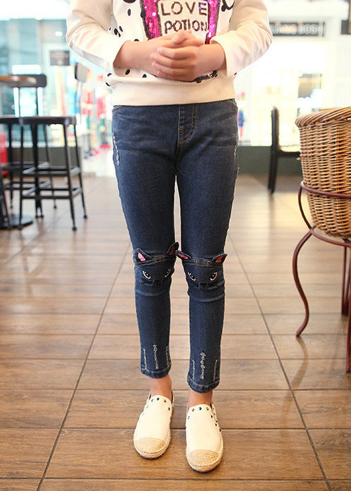 Whimsical Cat Embroidery Slim-Fit Denim Jeans