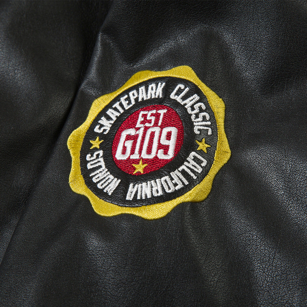 Mens American Embroidery Letters Motorcycle PU Leather Jacket Iconic Americana