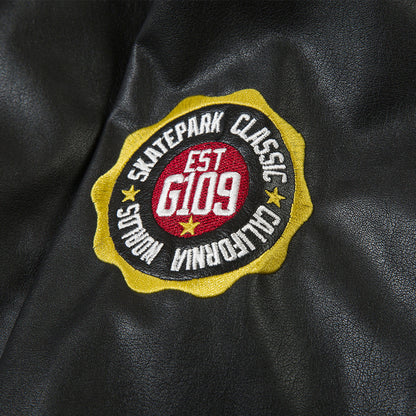 Mens American Embroidery Letters Motorcycle PU Leather Jacket Iconic Americana