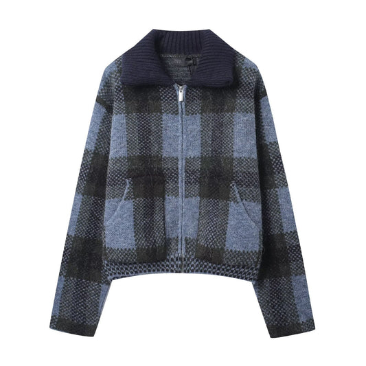 Women's Fashion Casual Plaid Knitted Coat
