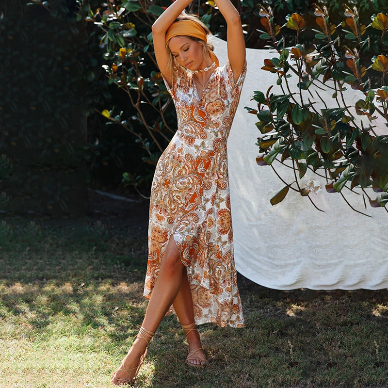 Ladies V-Neck Short Sleeve Patchwork Irregular Dress