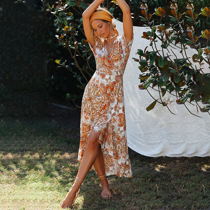 Ladies V-Neck Short Sleeve Patchwork Irregular Dress