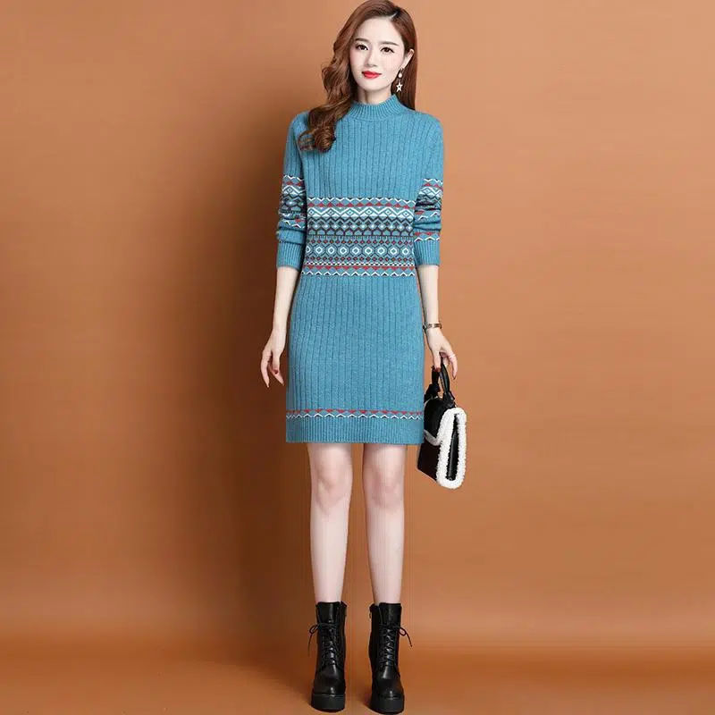 Thermal Head Cover Half Turtleneck Mid-length Bottoming Sweater Women's Woolen Skirt