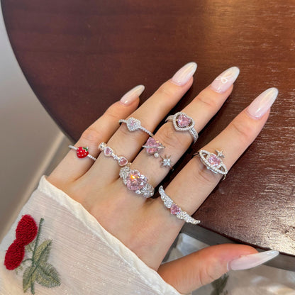 S925 Sterling Silver Ring Female Epoxy Strawberry Heart Wings