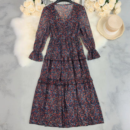 Printed V-neck Casual Loose Long Dress