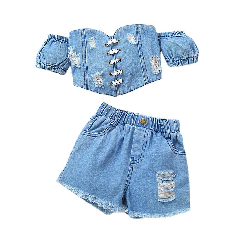 Girls' Denim Ripped Top Shorts Suit