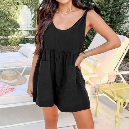 Casual Bamboo Round Neck Sleeveless Bow Loose Waist One-piece Shorts