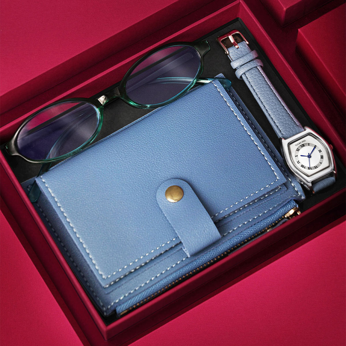 Vintage Women's Quartz Watch With Wallet Glasses Gift Set Box