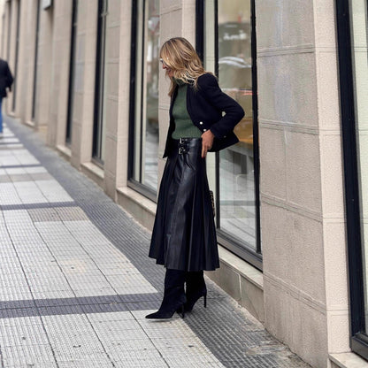 Fashion A-line Pleated PU Leather Skirt With Full Hem And Fitted Waist