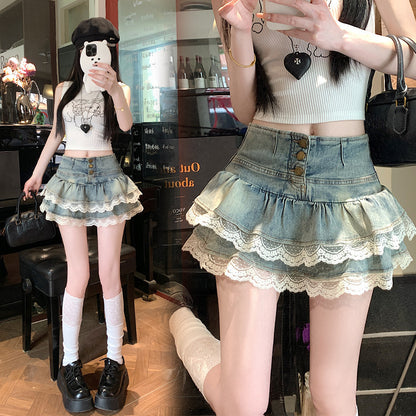 Pure Hot Girl Style Double-layer Lace Ruffled Denim Skirt Women