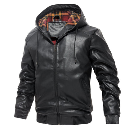 Mens Casual Hooded Leather Coat Trendy All-Match Essential
