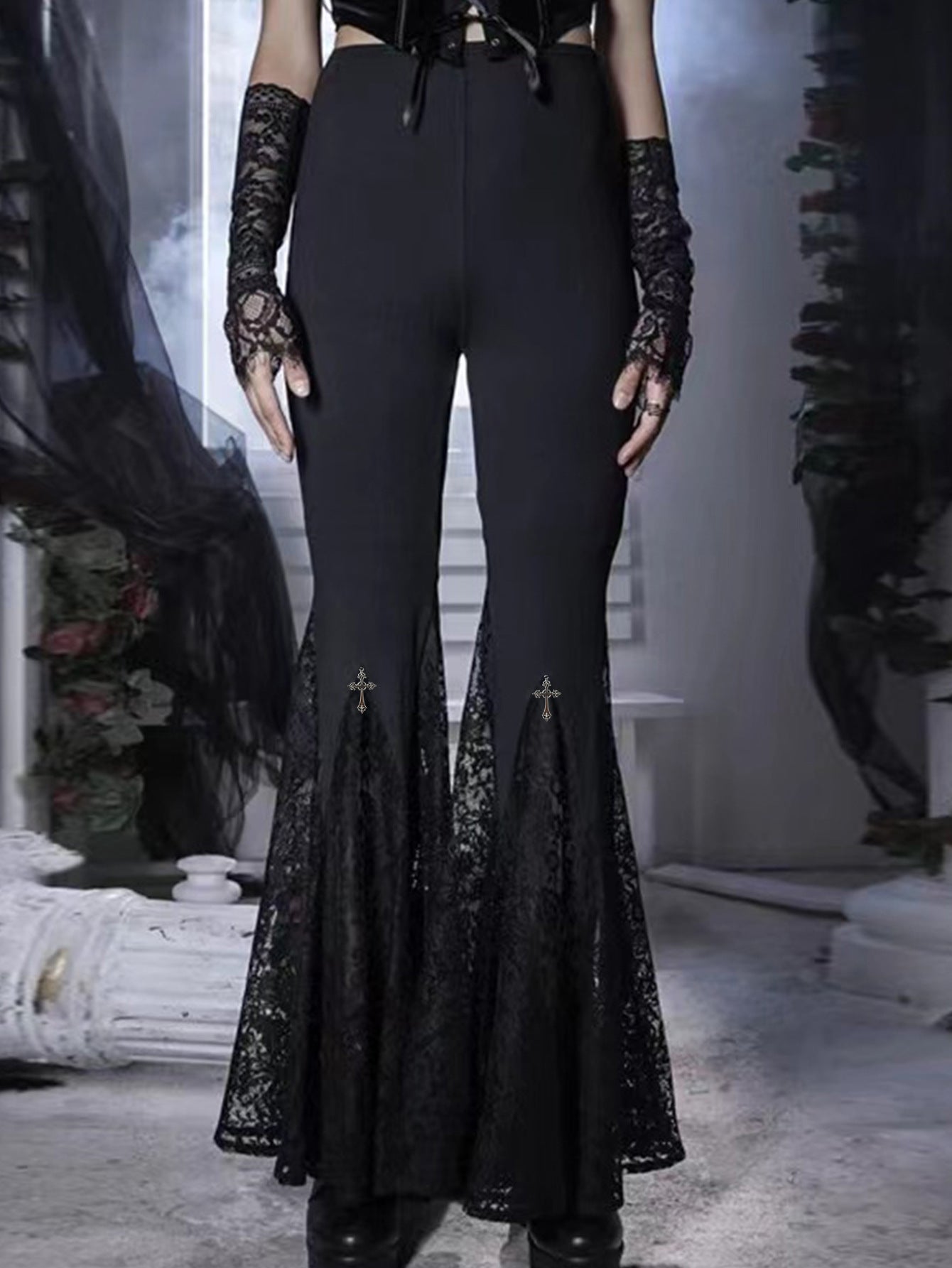 Sexy Lace Stitching Dark Style Cross Bell-bottom Pants