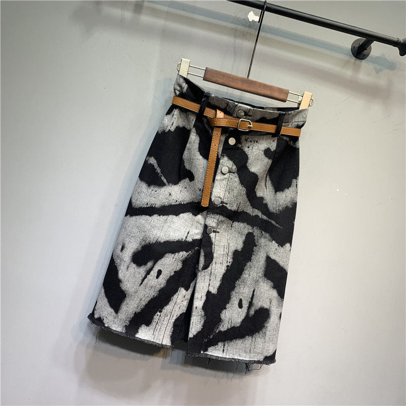 Tie-dyed High Waist Stretch Denim Skirt