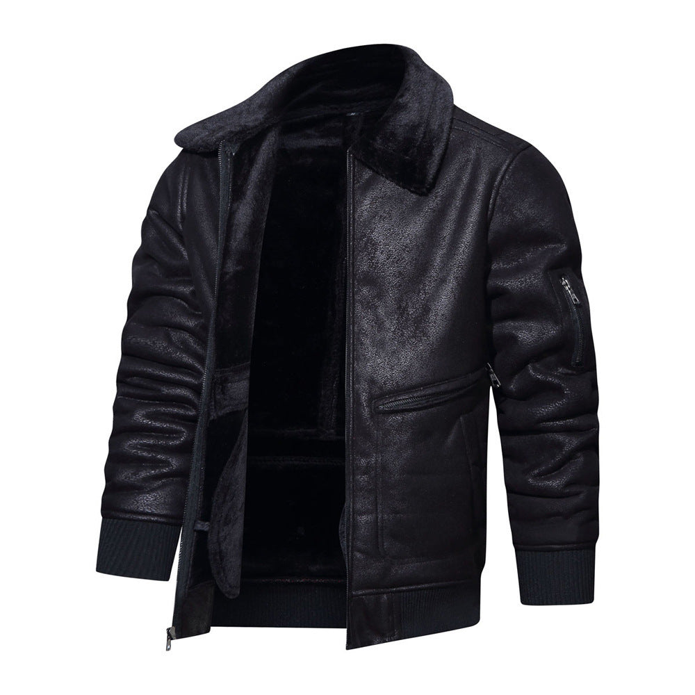 Autumn Winter New Leather Fur Mens Jacket Casual Multi-Pocket Lapel Short Velvet Luxe Utility