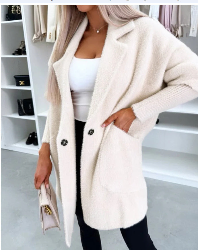 Lapel Button Pocket Women's Plush Coat