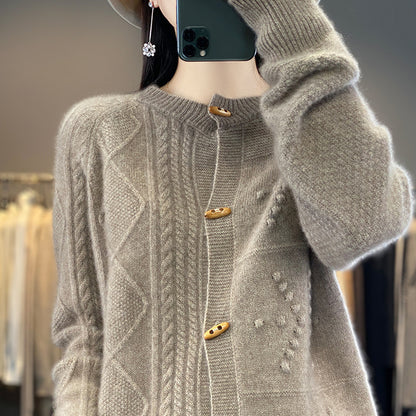Pure Wool Cardigan Women Loose Crew Neck Coat