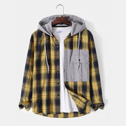 Casual Men's Jacket Plaid Hooded Long Sleeve