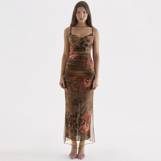 Ladies' Mesh Floral Print Slit Short Sleeve Dress