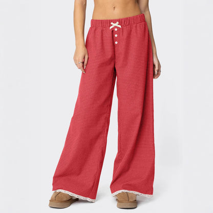 Women's Pastoral Style Plaid Printed Straight Elastic Casual Pants