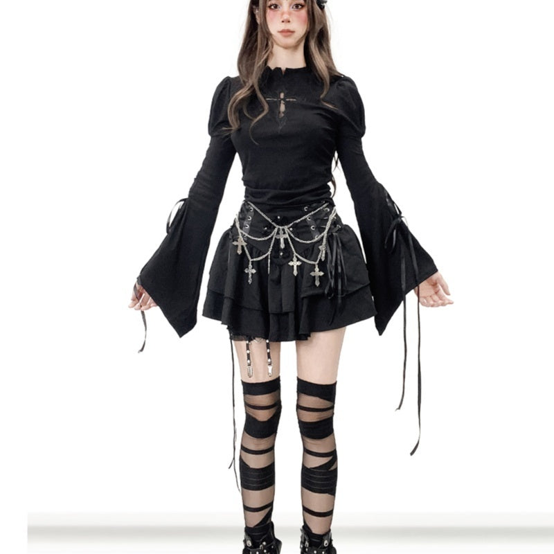 Cross Lace Layers Cake Dress A- Line High Waist