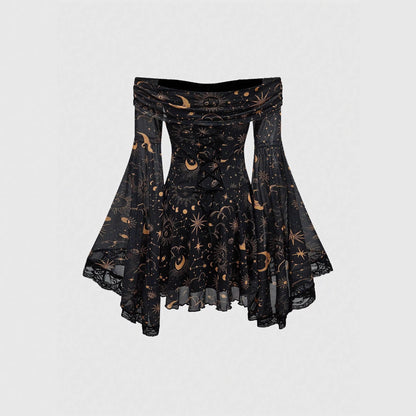 Off-the-shoulder Short Sleeve Flared Sleeves Mesh A- Line Dress