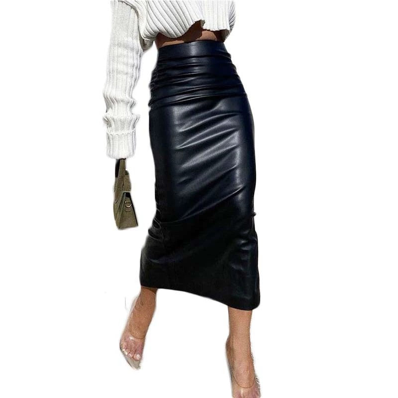 Sexy Leather High-waist Tight Pencil Skirt, High-end Women's Clothing