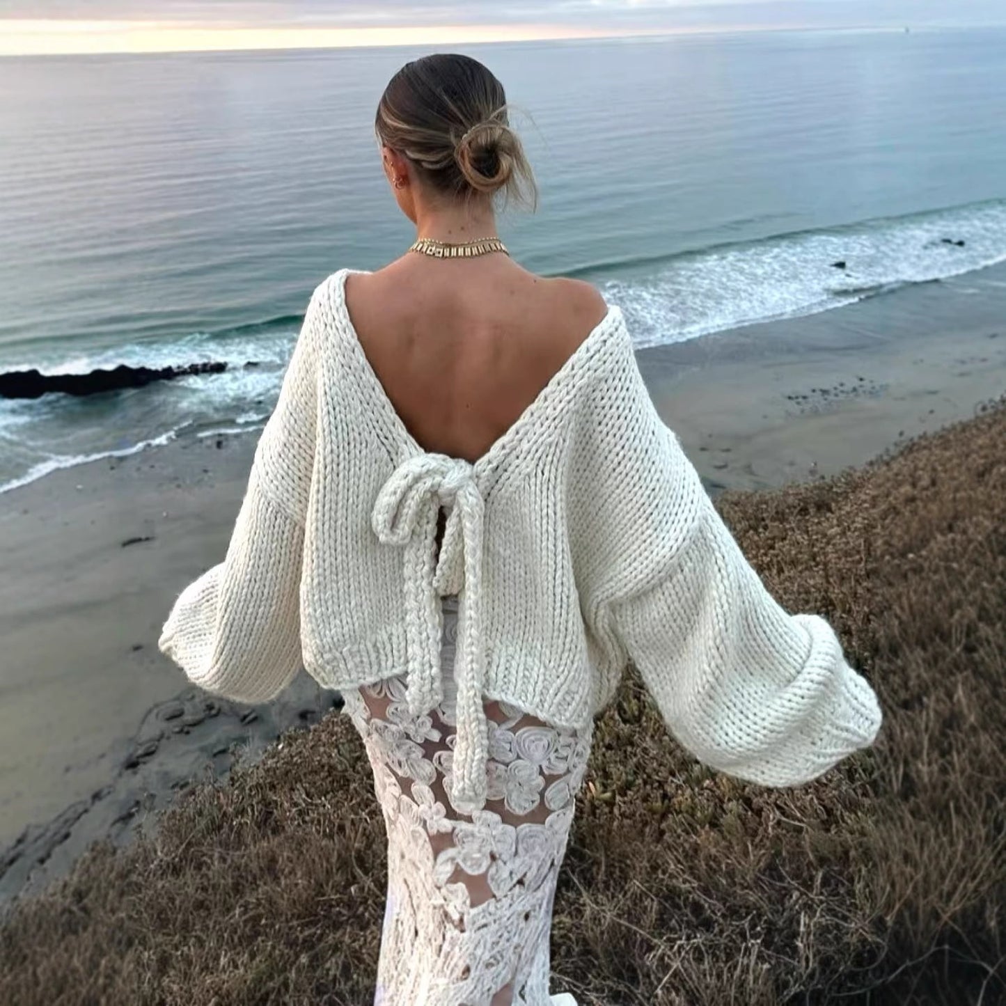 Backless Lace Up Long Sleeve Loose Sweater