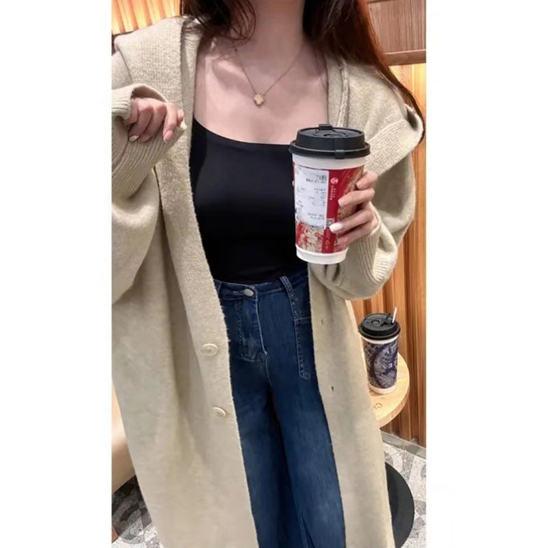 Korean Style Idle Style Hooded Long Below The Knee Knitted Cardigan For Women