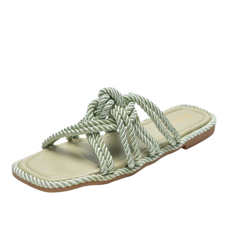 Hemp Rope Flat Sandals Women Casual Solid Color Square Toe Hollow Flat Heel Women Slippers