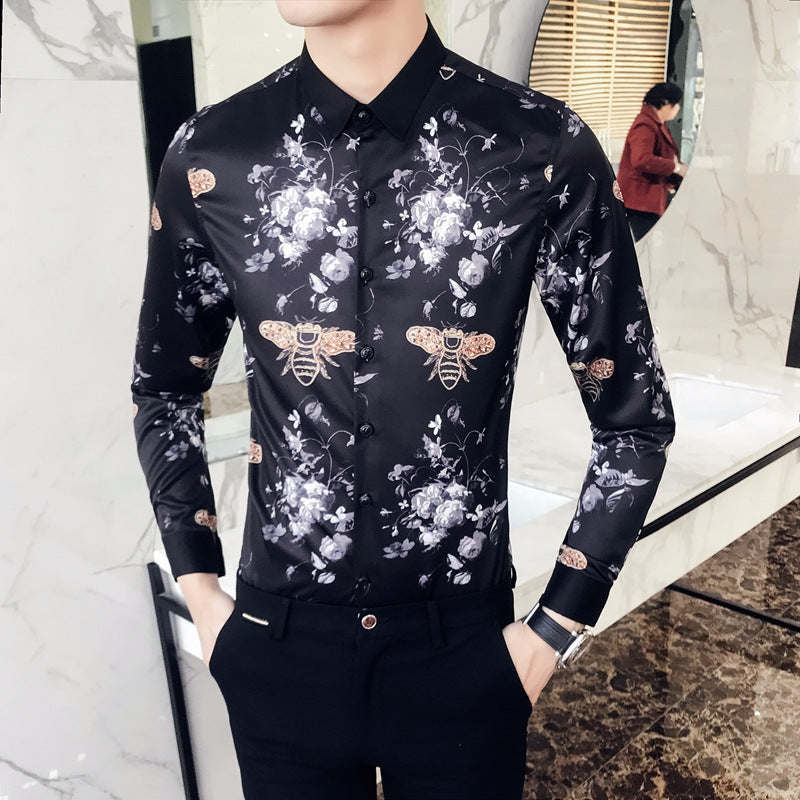 Deep Black Rose Pattern Digital Print Long Sleeve Shirt