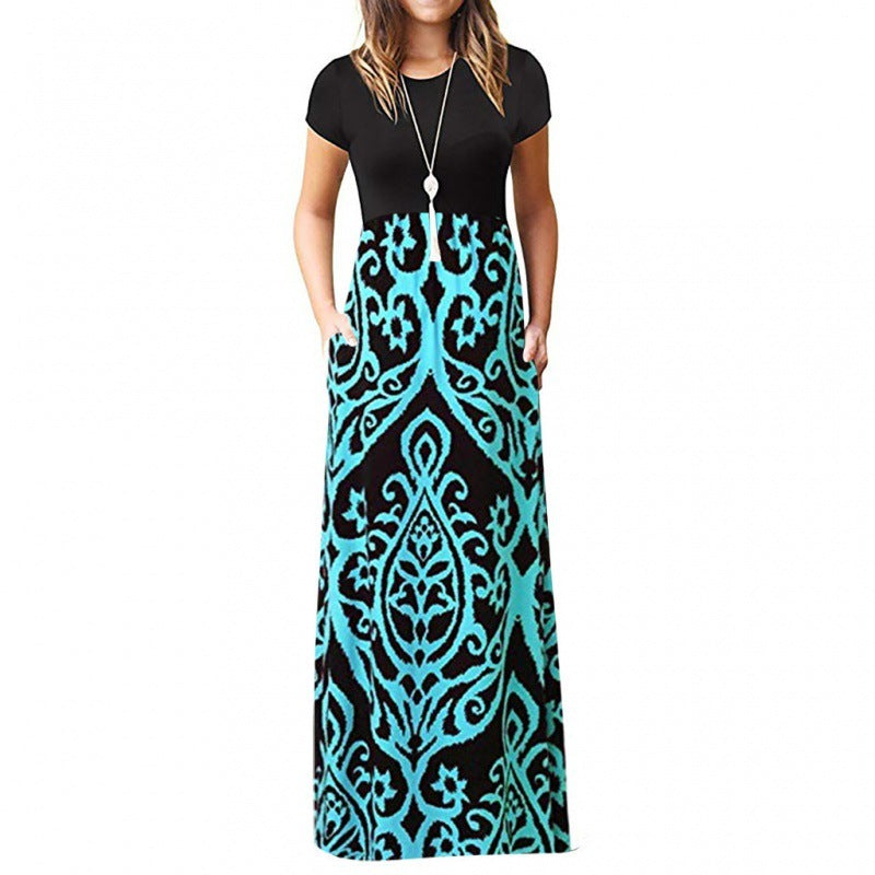 Ladies Short Sleeve Printed Dress Long Skirt
